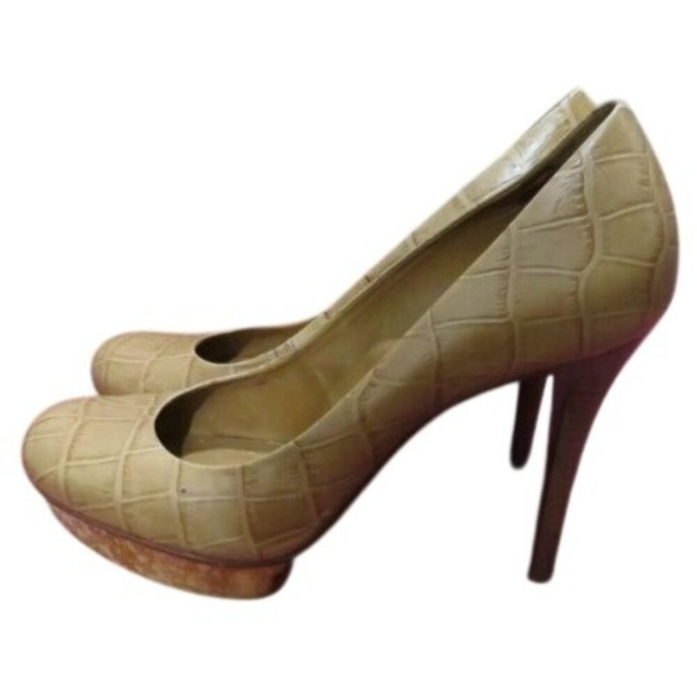 Tory Burch Tan Brown Croc Embossed Italian Leather Platform Pumps Heels size 8.5